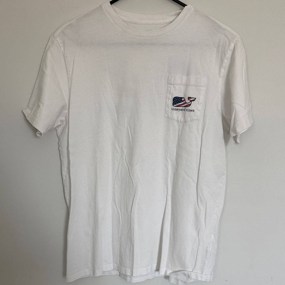 Vineyard Vines White Short Sleeve Pocket Tee with Flag Whale